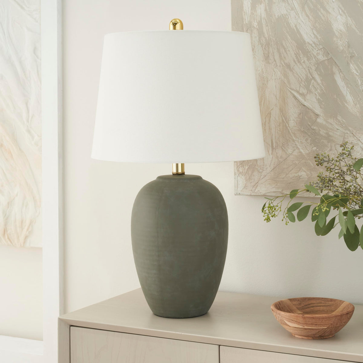 23" Greyish Brown Earth Tone Rustic Farmhouse Ceramic Table Lamp for Bedroom, Living Room, Dining, Office, with Beige Linen Shade