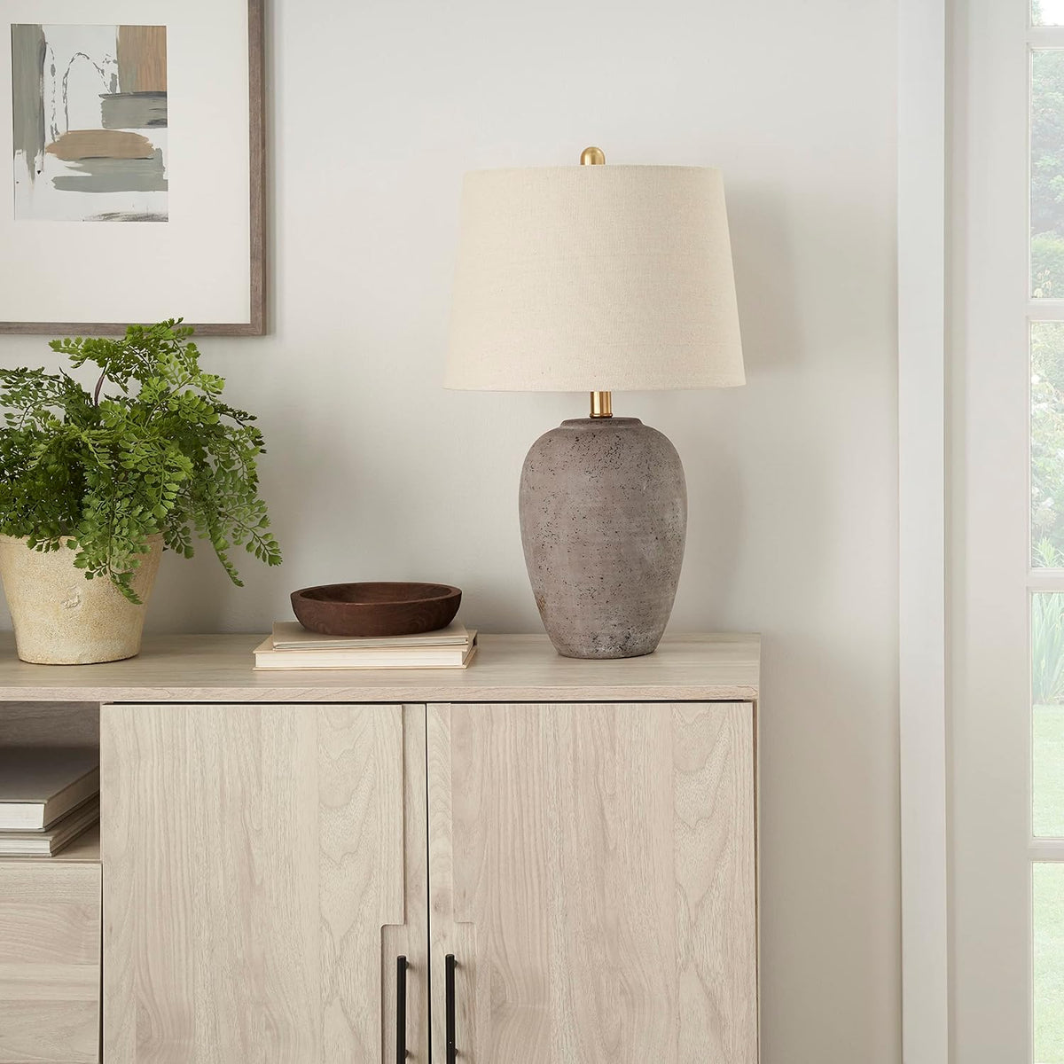 23" Greyish Brown Earth Tone Rustic Farmhouse Ceramic Table Lamp for Bedroom, Living Room, Dining, Office, with Beige Linen Shade