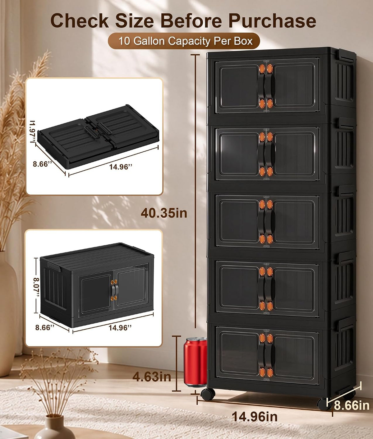 70 QT 5-Tier Stackable Storage Bins with Lids and Clear Doors, Black