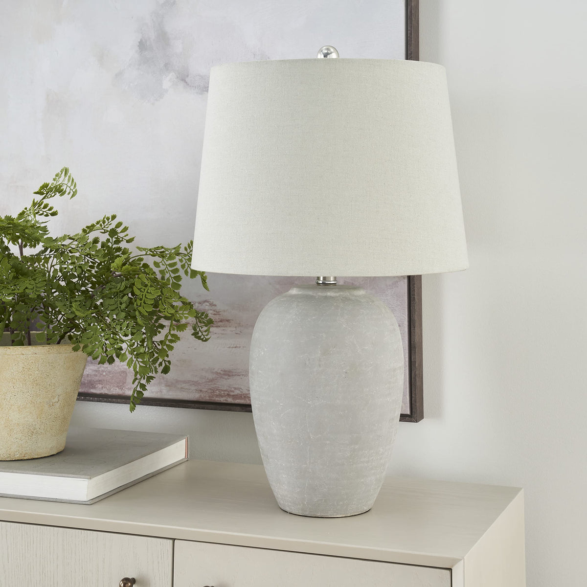 23" Greyish Brown Earth Tone Rustic Farmhouse Ceramic Table Lamp for Bedroom, Living Room, Dining, Office, with Beige Linen Shade