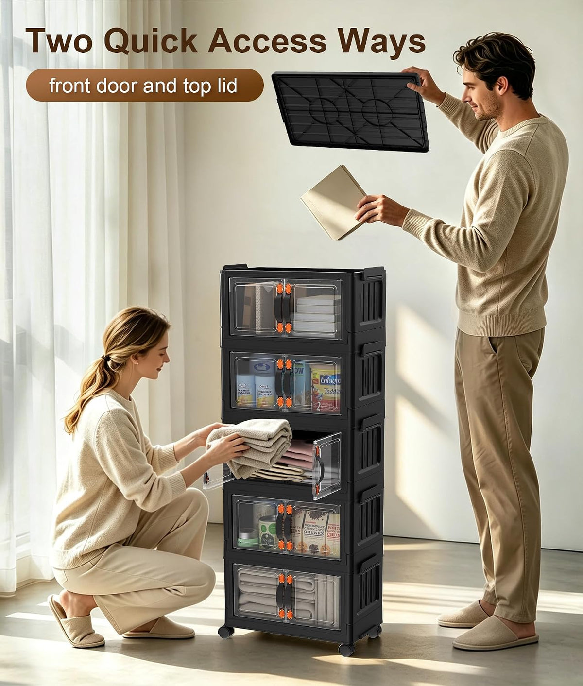 70 QT 5-Tier Stackable Storage Bins with Lids and Clear Doors, Black