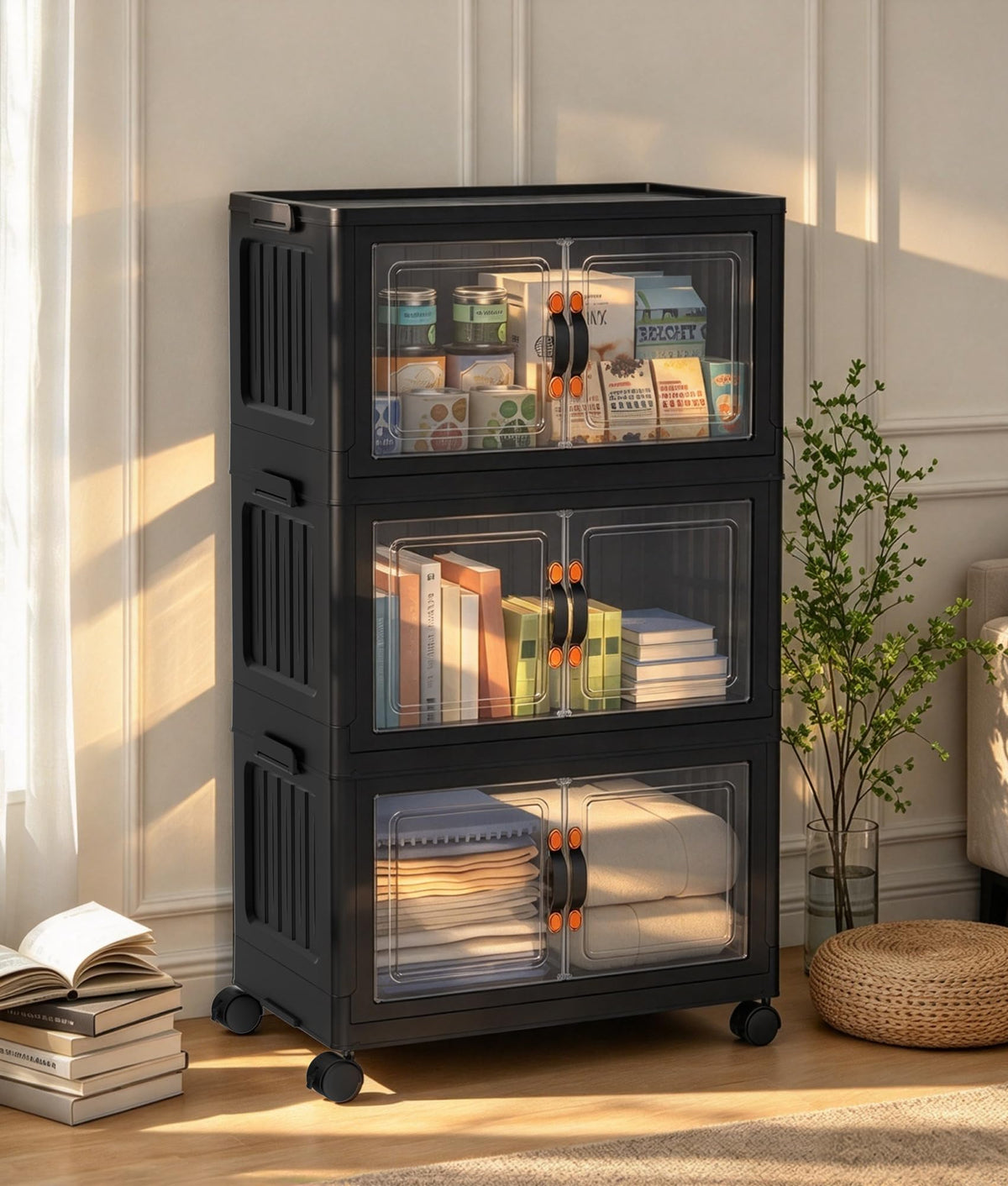 70 QT 5-Tier Stackable Storage Bins with Lids and Clear Doors, Black