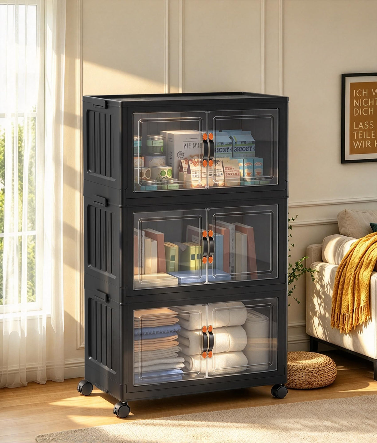 70 QT 5-Tier Stackable Storage Bins with Lids and Clear Doors, Black