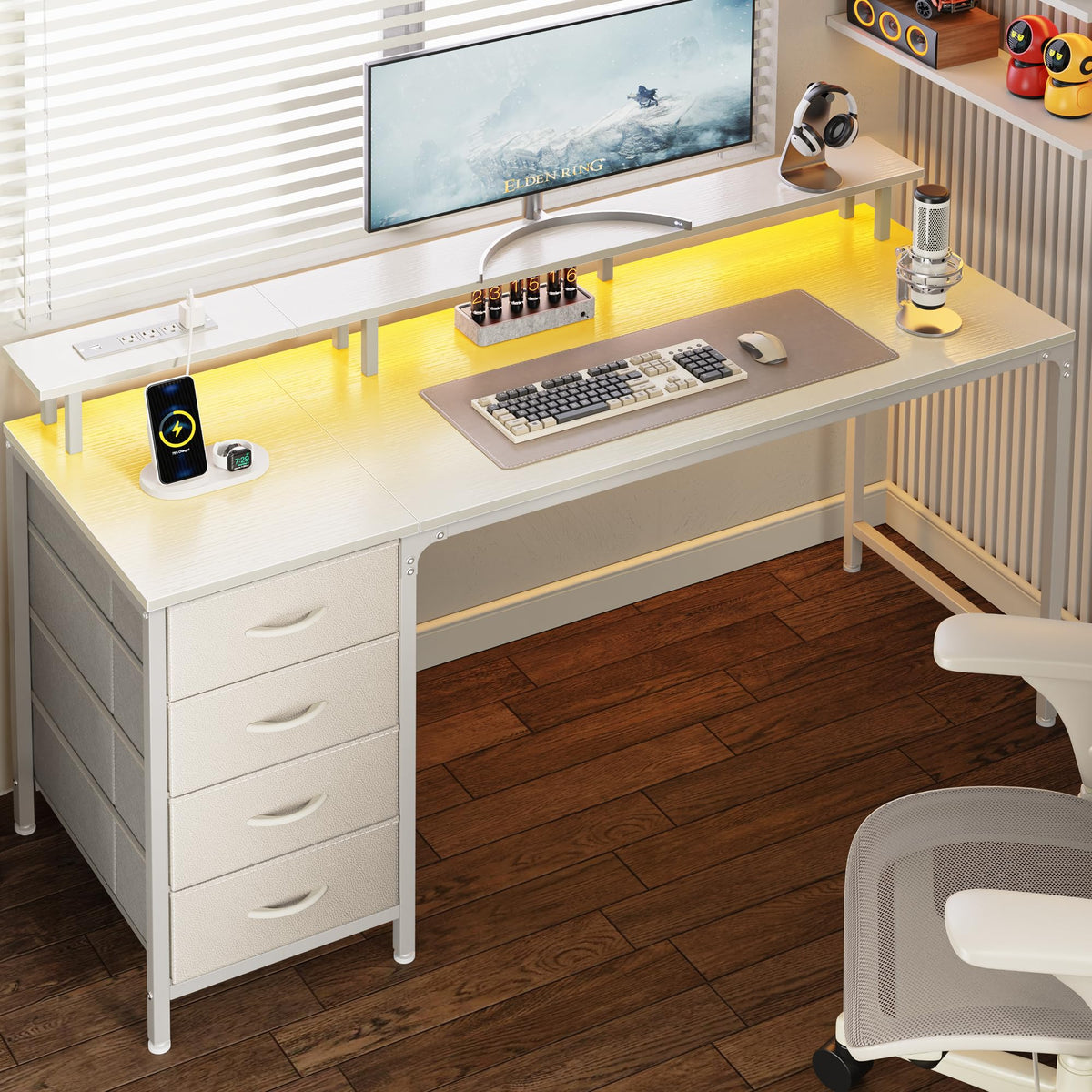 47 Inch Computer Desk with Power Outlets and LED Lights, Gaming Desk with 4 Drawers, Office Desk with Monitor Stand, Study Work Home Office, Small Spaces, Black