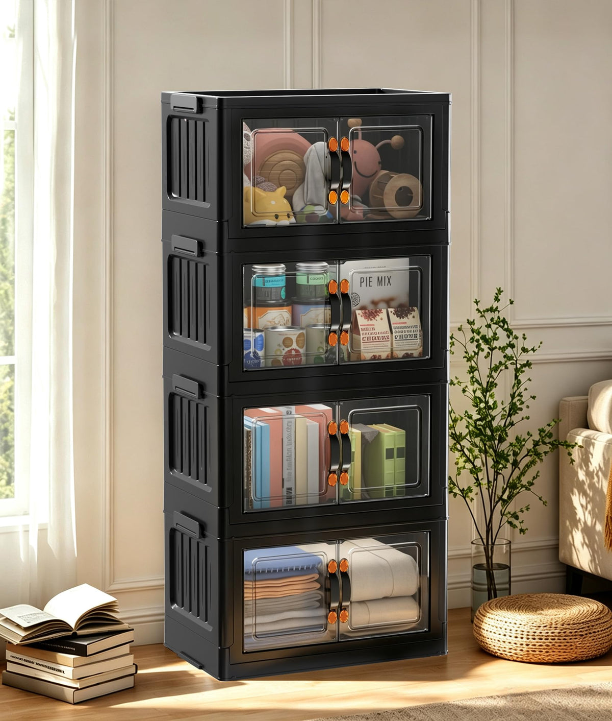 70 QT 5-Tier Stackable Storage Bins with Lids and Clear Doors, Black