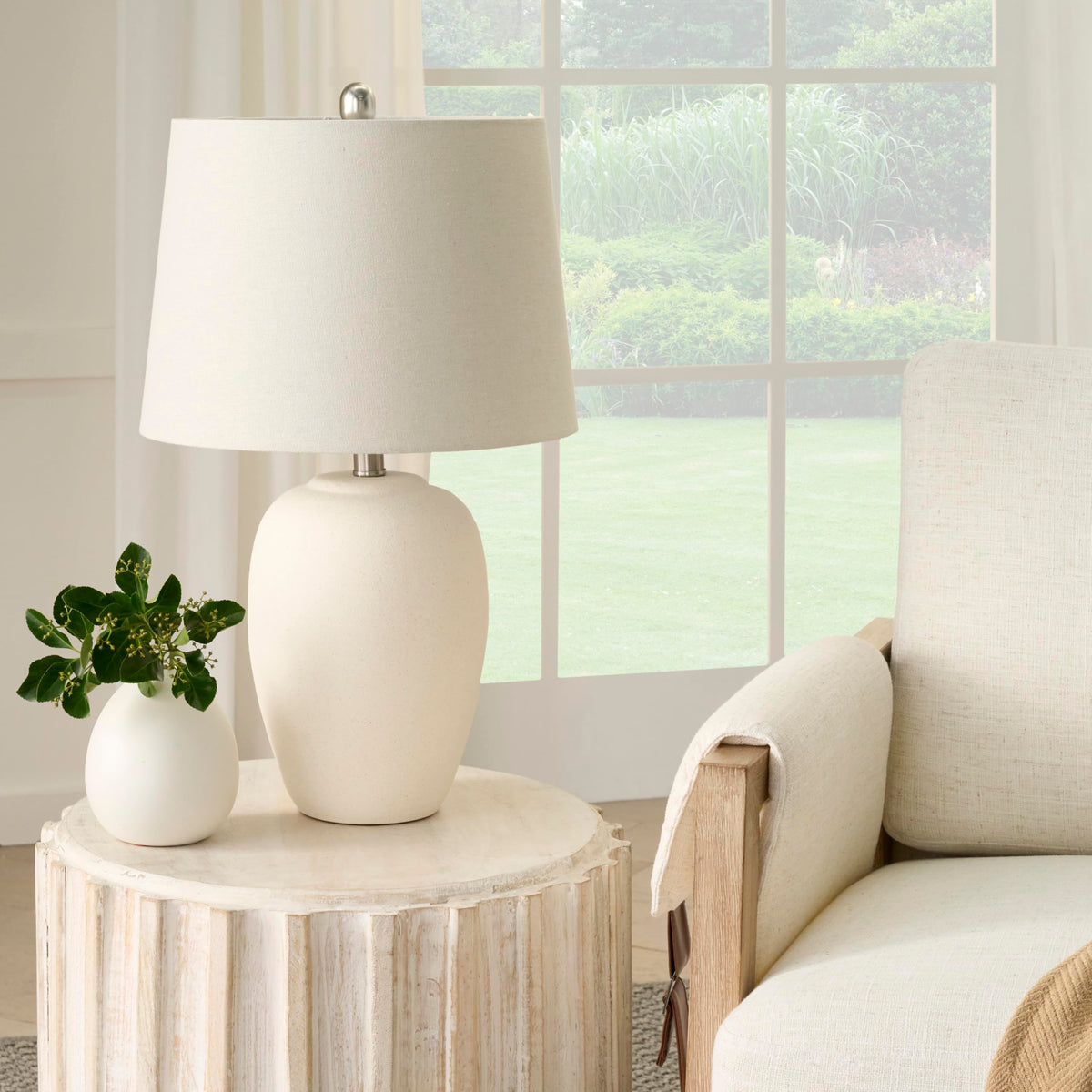 23" Greyish Brown Earth Tone Rustic Farmhouse Ceramic Table Lamp for Bedroom, Living Room, Dining, Office, with Beige Linen Shade