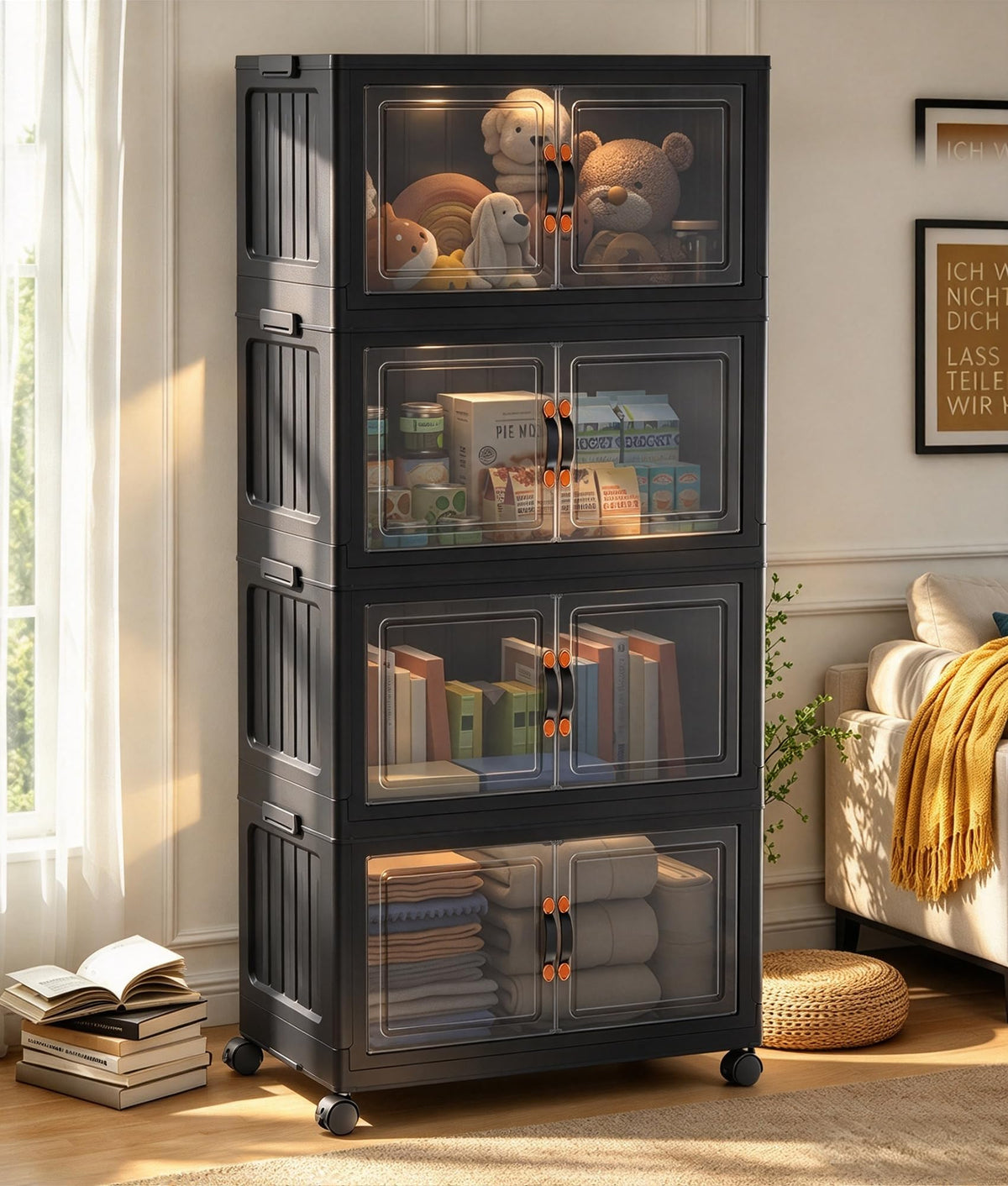 70 QT 5-Tier Stackable Storage Bins with Lids and Clear Doors, Black