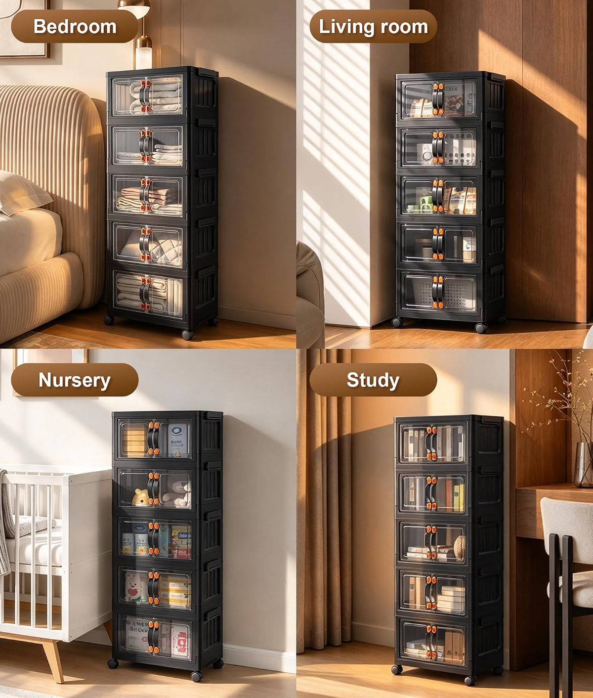 70 QT 5-Tier Stackable Storage Bins with Lids and Clear Doors, Black