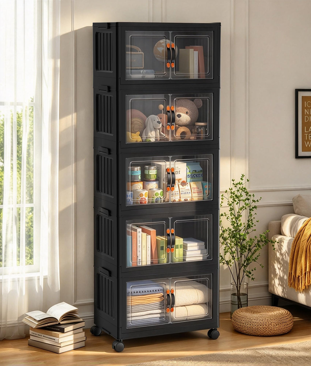 70 QT 5-Tier Stackable Storage Bins with Lids and Clear Doors, Black