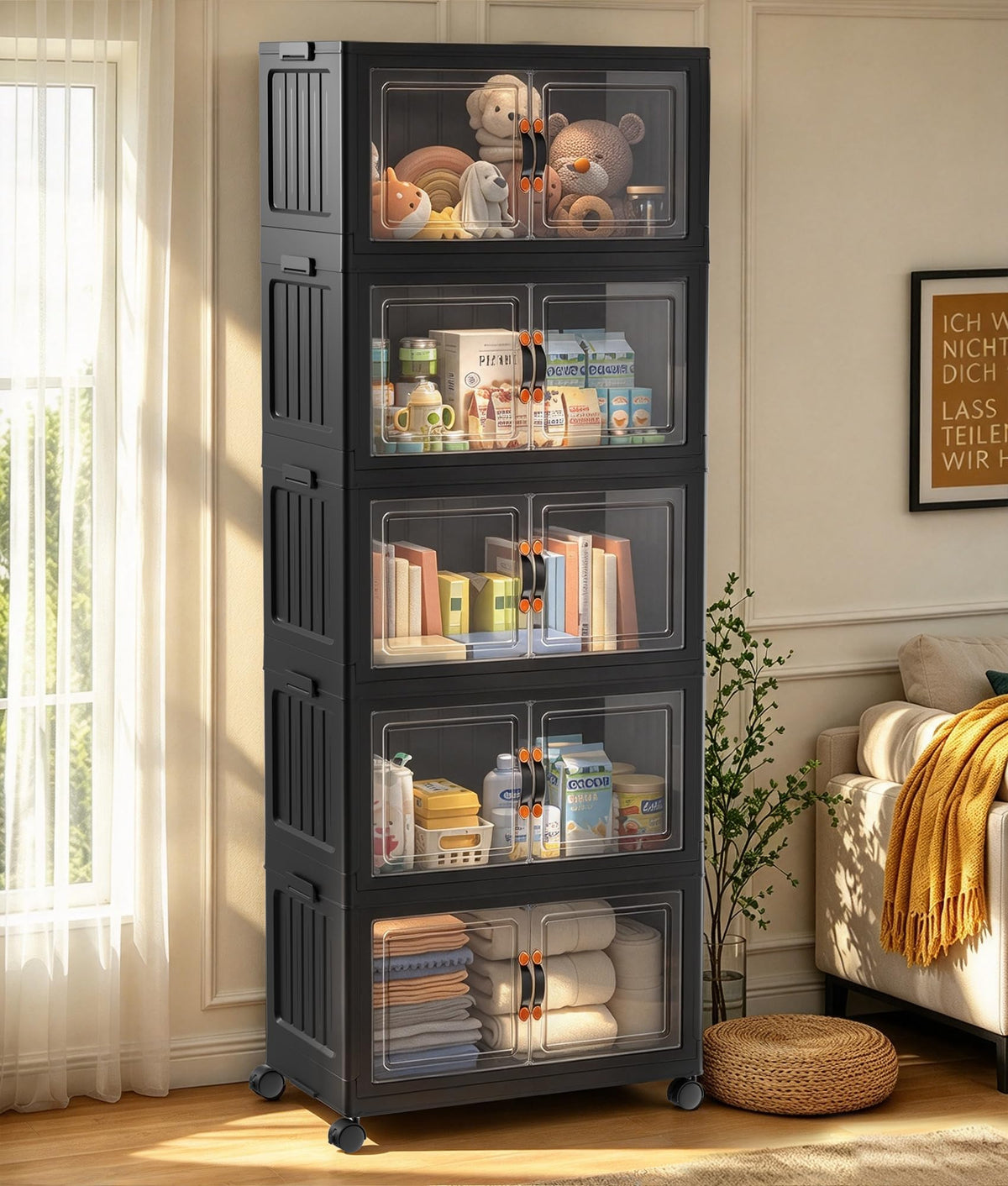70 QT 5-Tier Stackable Storage Bins with Lids and Clear Doors, Black