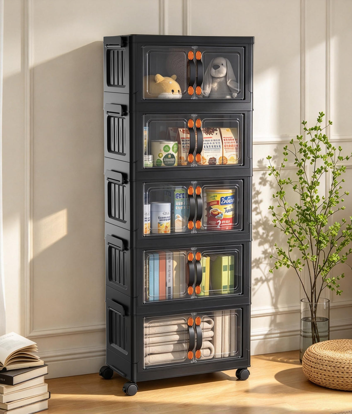 70 QT 5-Tier Stackable Storage Bins with Lids and Clear Doors, Black