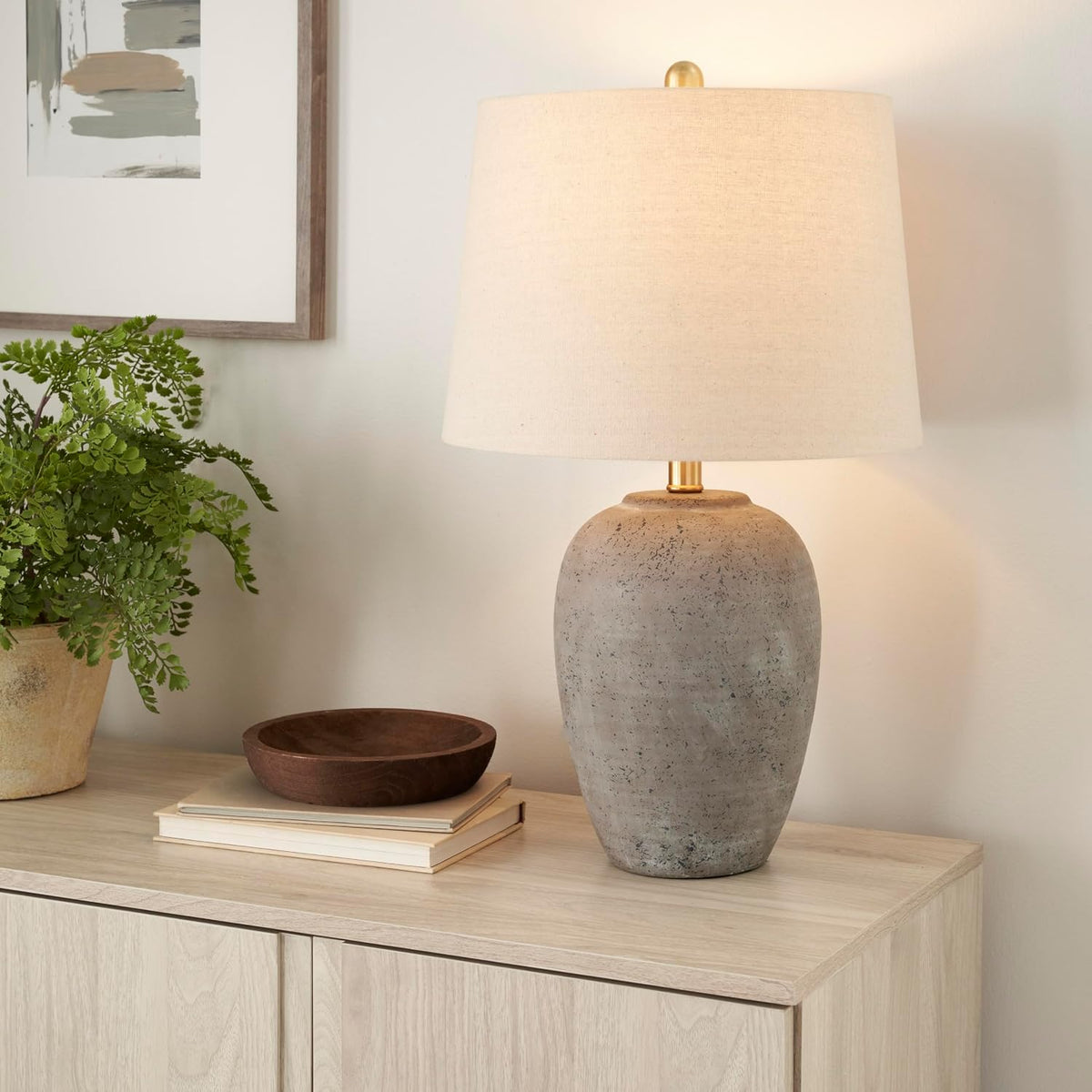 23" Greyish Brown Earth Tone Rustic Farmhouse Ceramic Table Lamp for Bedroom, Living Room, Dining, Office, with Beige Linen Shade