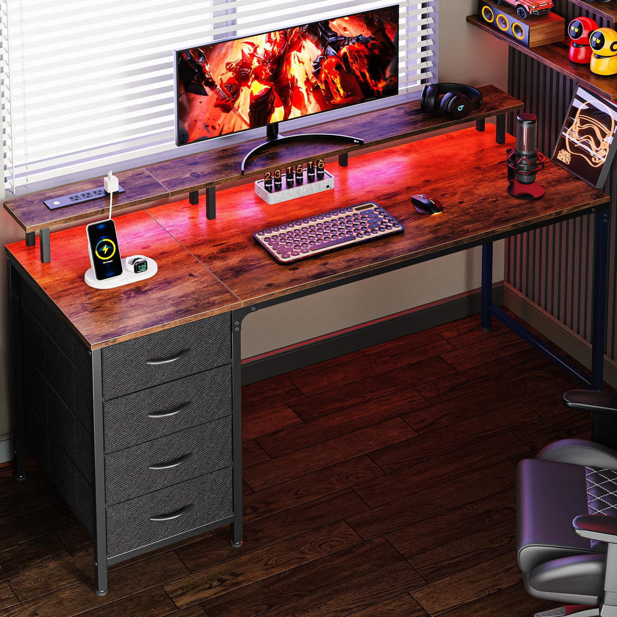 47 Inch Computer Desk with Power Outlets and LED Lights, Gaming Desk with 4 Drawers, Office Desk with Monitor Stand, Study Work Home Office, Small Spaces, Black