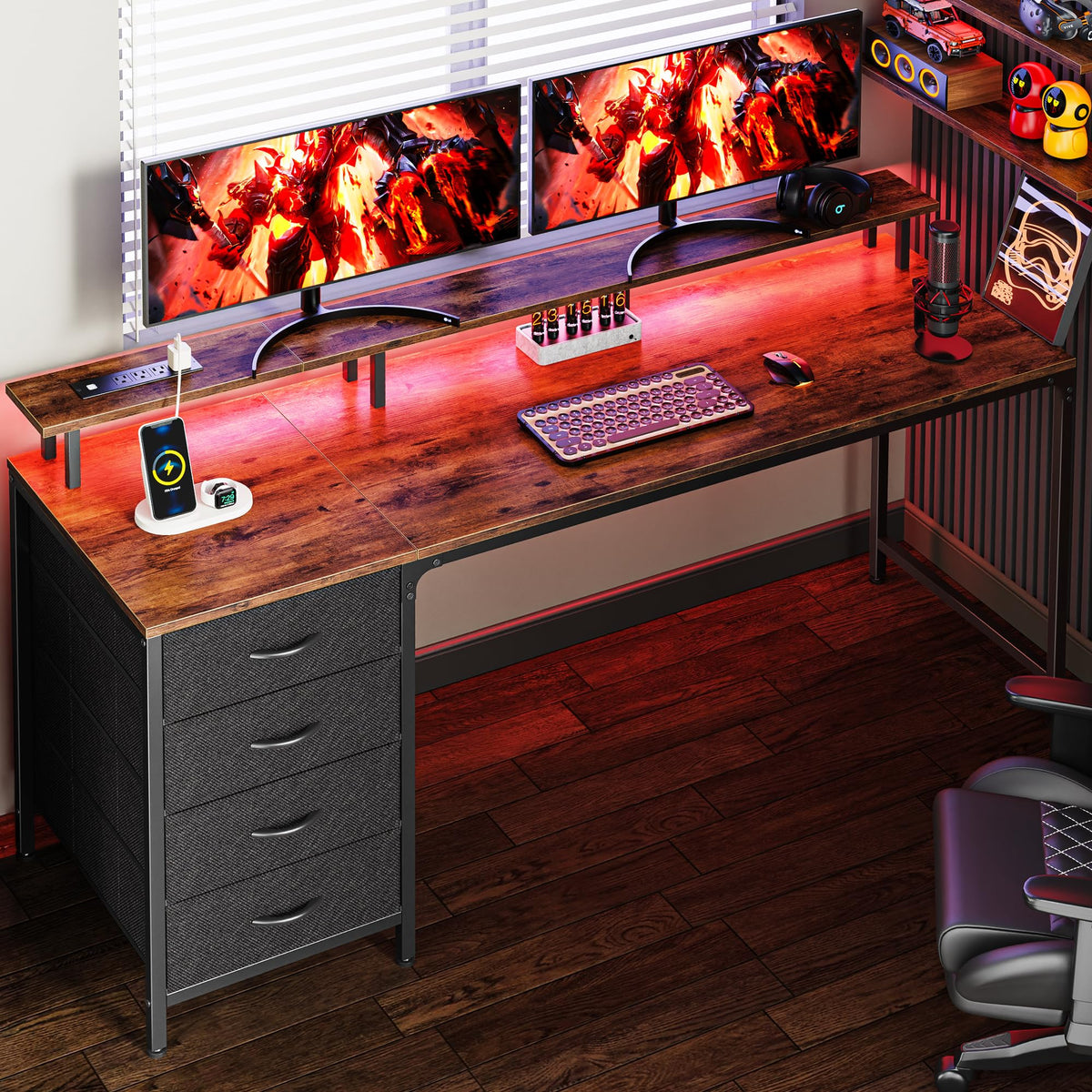 47 Inch Computer Desk with Power Outlets and LED Lights, Gaming Desk with 4 Drawers, Office Desk with Monitor Stand, Study Work Home Office, Small Spaces, Black