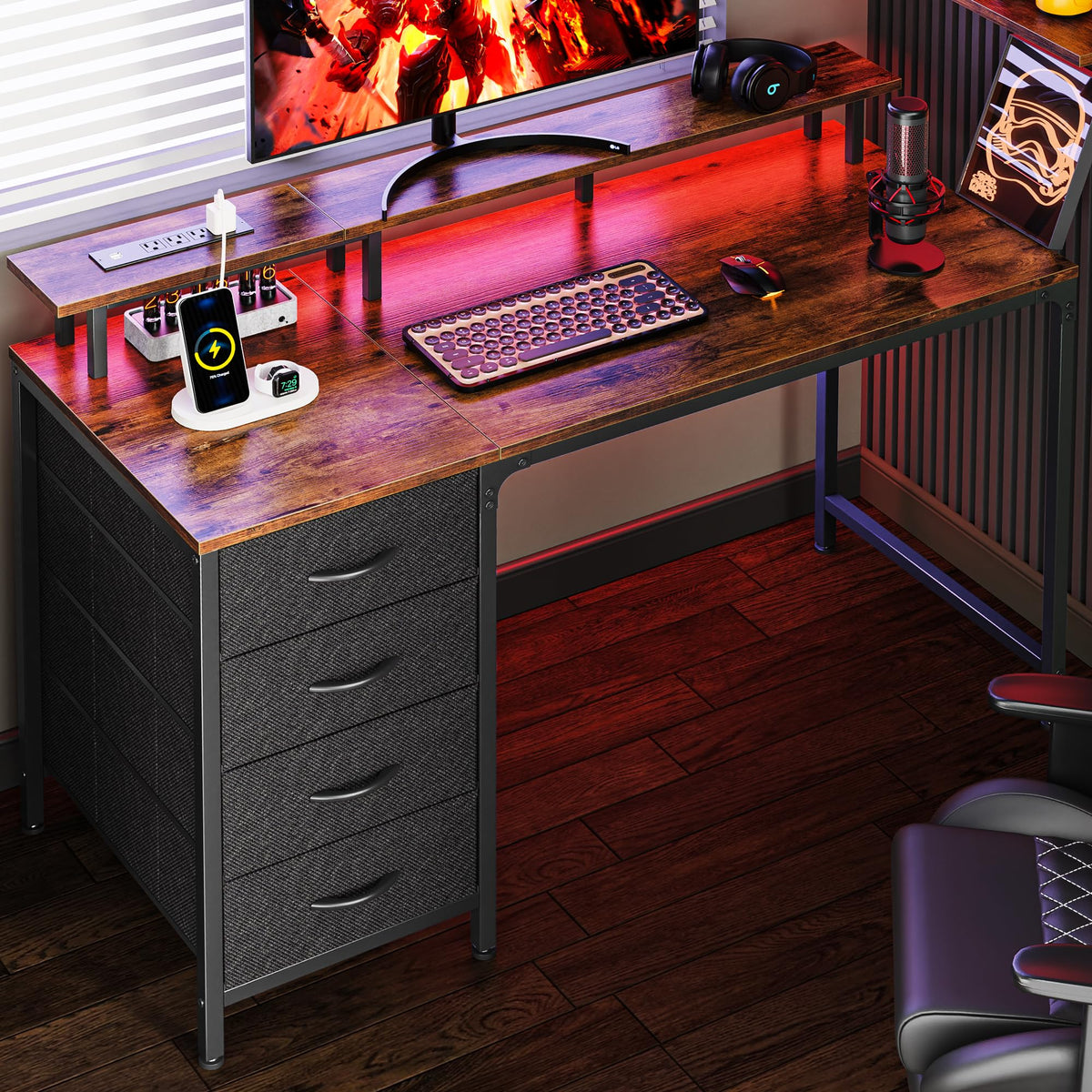 47 Inch Computer Desk with Power Outlets and LED Lights, Gaming Desk with 4 Drawers, Office Desk with Monitor Stand, Study Work Home Office, Small Spaces, Black