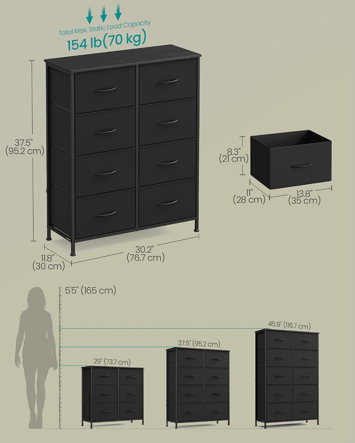 Dresser for Bedroom, Tall Dresser with 8 Fabric Drawers