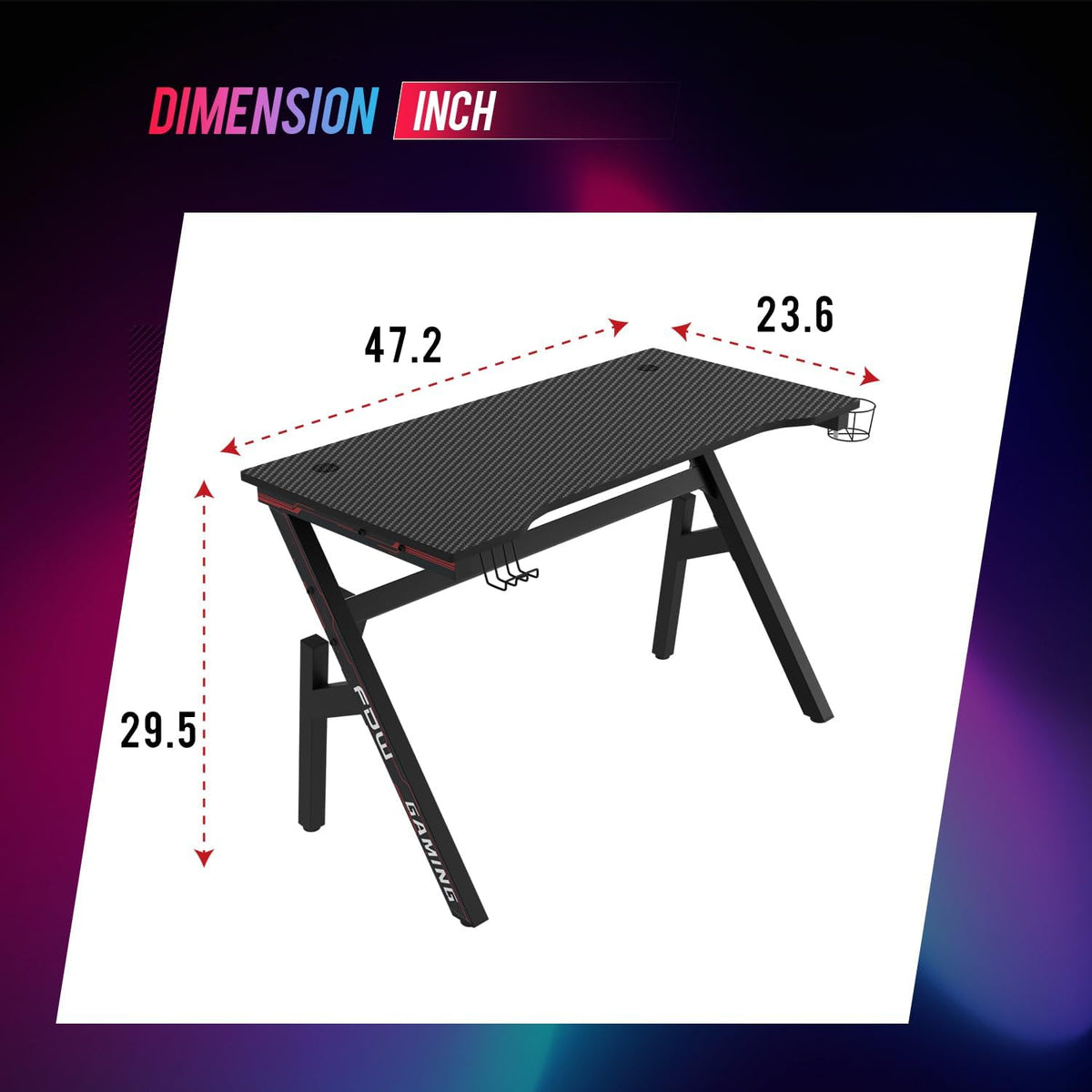 47" Gaming Table | Red | R-Shaped Computer Desk