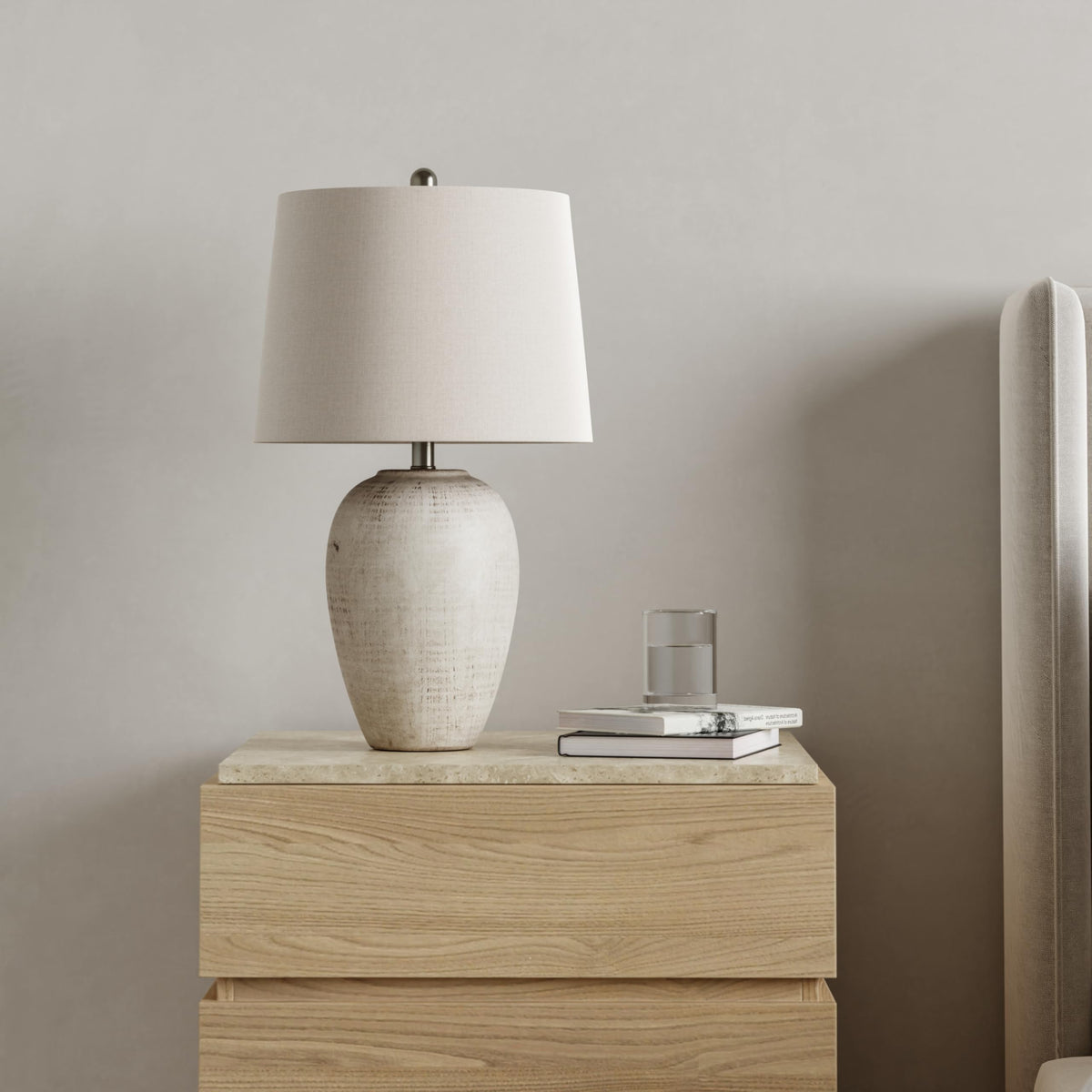 23" Greyish Brown Earth Tone Rustic Farmhouse Ceramic Table Lamp for Bedroom, Living Room, Dining, Office, with Beige Linen Shade