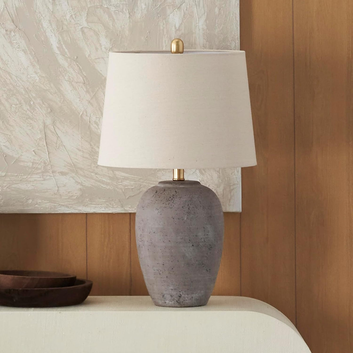23" Greyish Brown Earth Tone Rustic Farmhouse Ceramic Table Lamp for Bedroom, Living Room, Dining, Office, with Beige Linen Shade