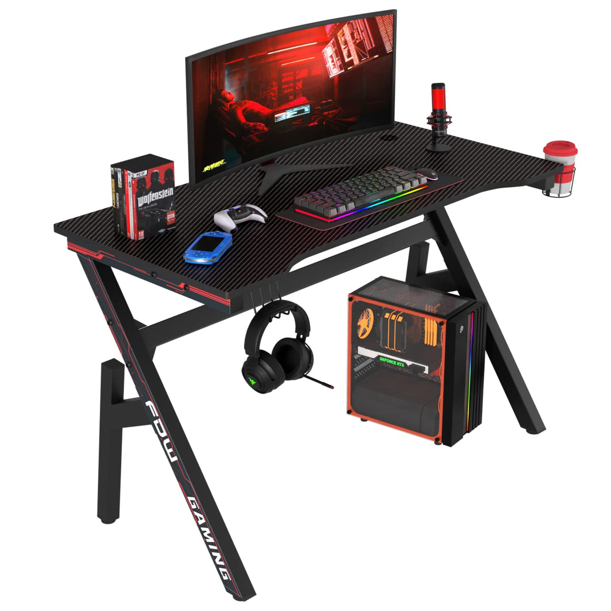 47" Gaming Table | Red | R-Shaped Computer Desk