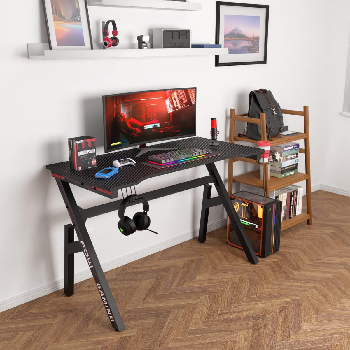 47" Gaming Table | Red | R-Shaped Computer Desk
