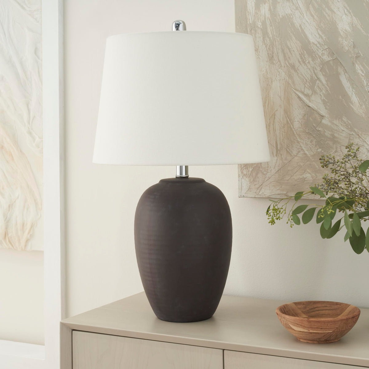 23" Greyish Brown Earth Tone Rustic Farmhouse Ceramic Table Lamp for Bedroom, Living Room, Dining, Office, with Beige Linen Shade
