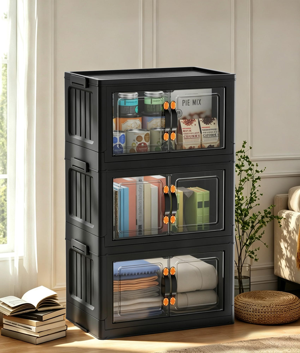 70 QT 5-Tier Stackable Storage Bins with Lids and Clear Doors, Black