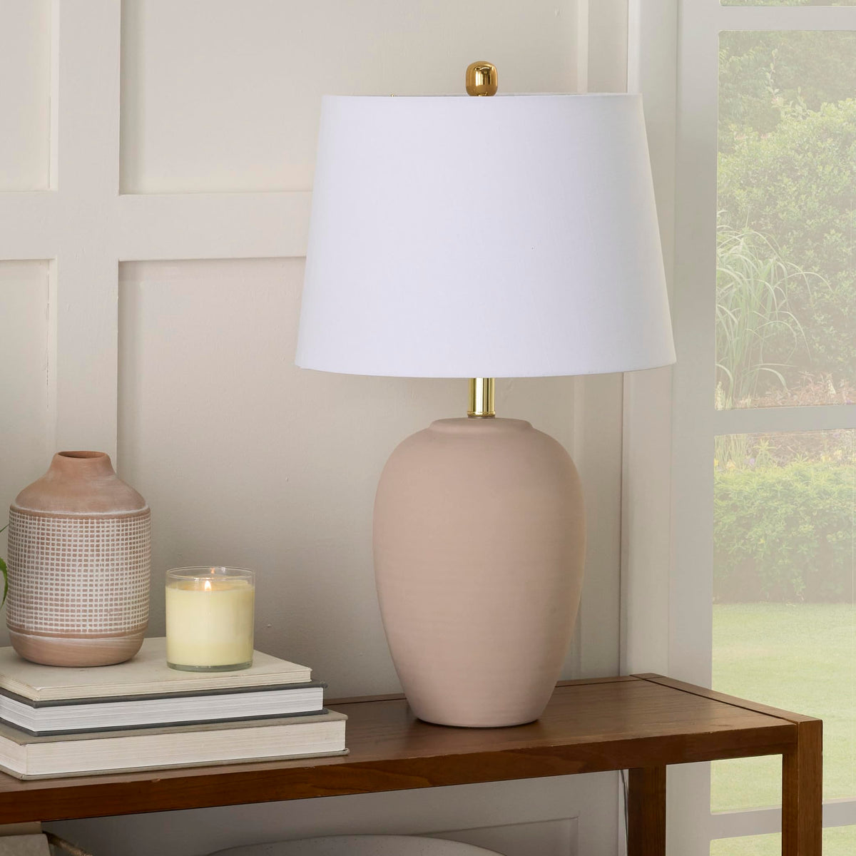 23" Greyish Brown Earth Tone Rustic Farmhouse Ceramic Table Lamp for Bedroom, Living Room, Dining, Office, with Beige Linen Shade
