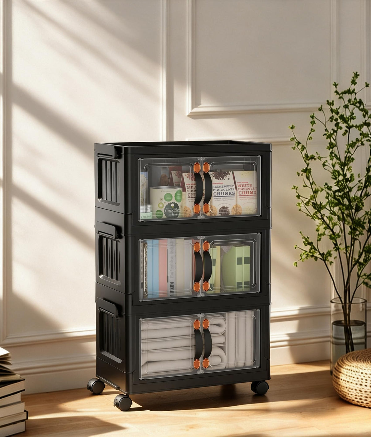70 QT 5-Tier Stackable Storage Bins with Lids and Clear Doors, Black