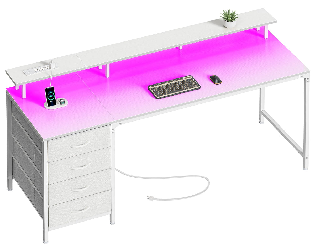 47 Inch Computer Desk with Power Outlets and LED Lights, Gaming Desk with 4 Drawers, Office Desk with Monitor Stand, Study Work Home Office, Small Spaces, Black