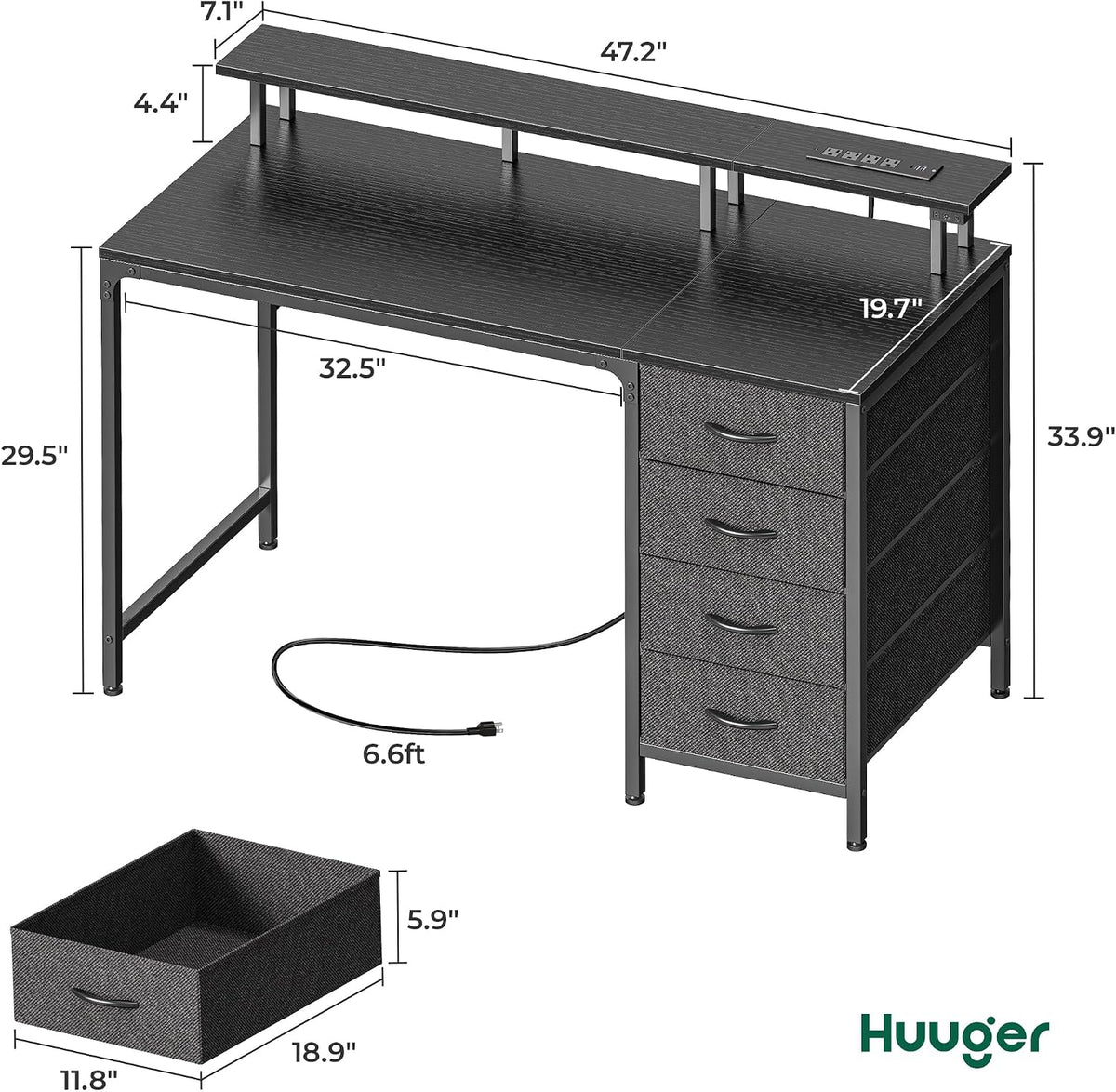 47 Inch Computer Desk with Power Outlets and LED Lights, Gaming Desk with 4 Drawers, Office Desk with Monitor Stand, Study Work Home Office, Small Spaces, Black