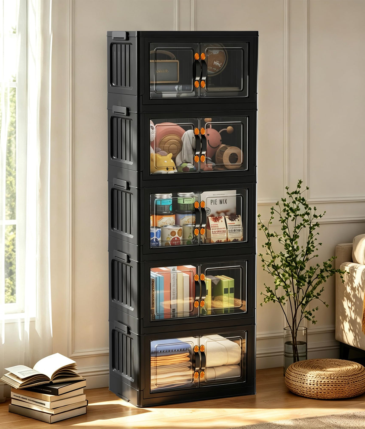 70 QT 5-Tier Stackable Storage Bins with Lids and Clear Doors, Black