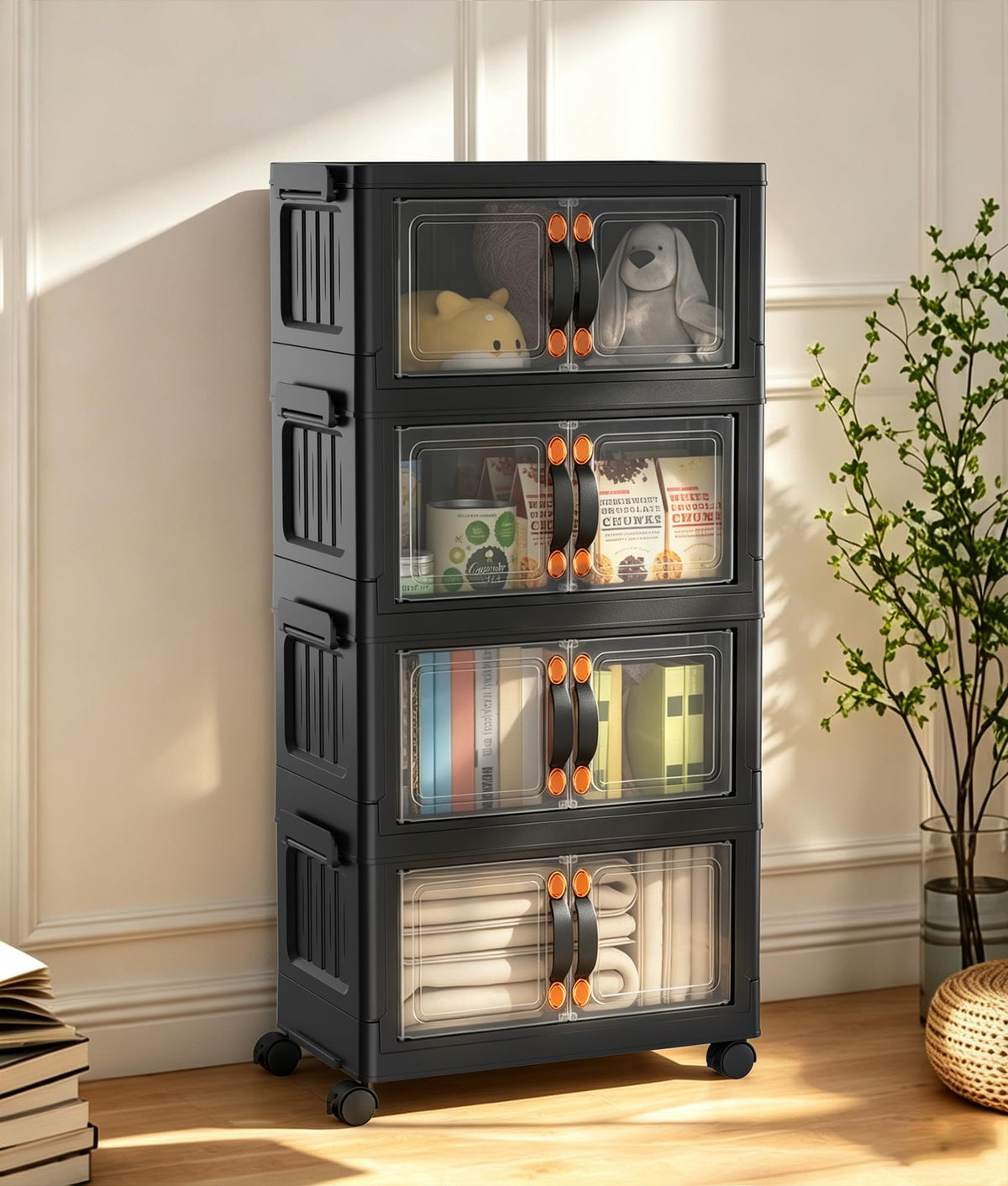 70 QT 5-Tier Stackable Storage Bins with Lids and Clear Doors, Black