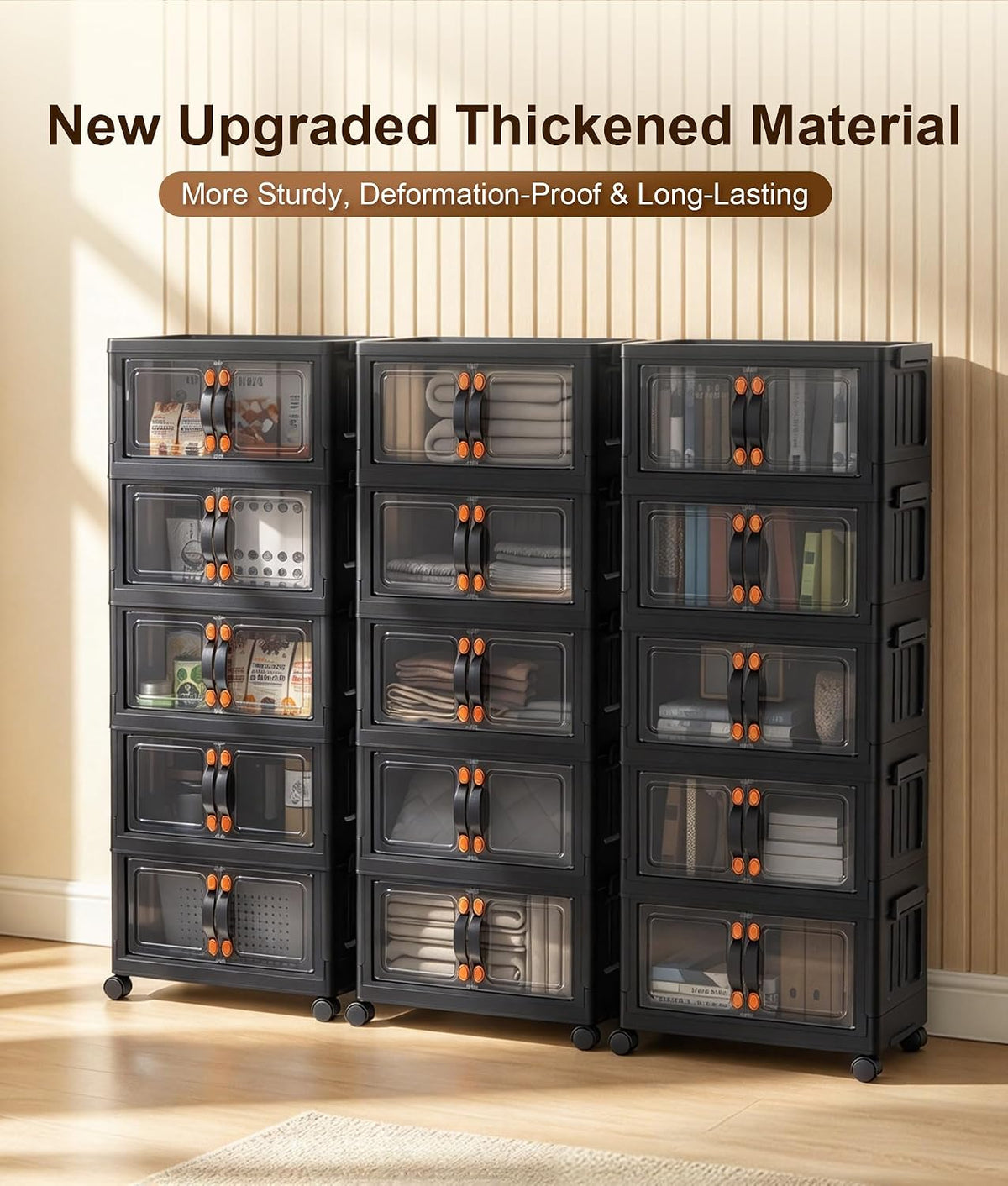 70 QT 5-Tier Stackable Storage Bins with Lids and Clear Doors, Black