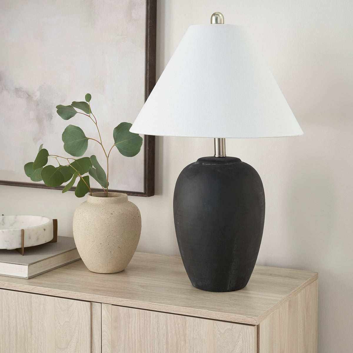 23" Greyish Brown Earth Tone Rustic Farmhouse Ceramic Table Lamp for Bedroom, Living Room, Dining, Office, with Beige Linen Shade