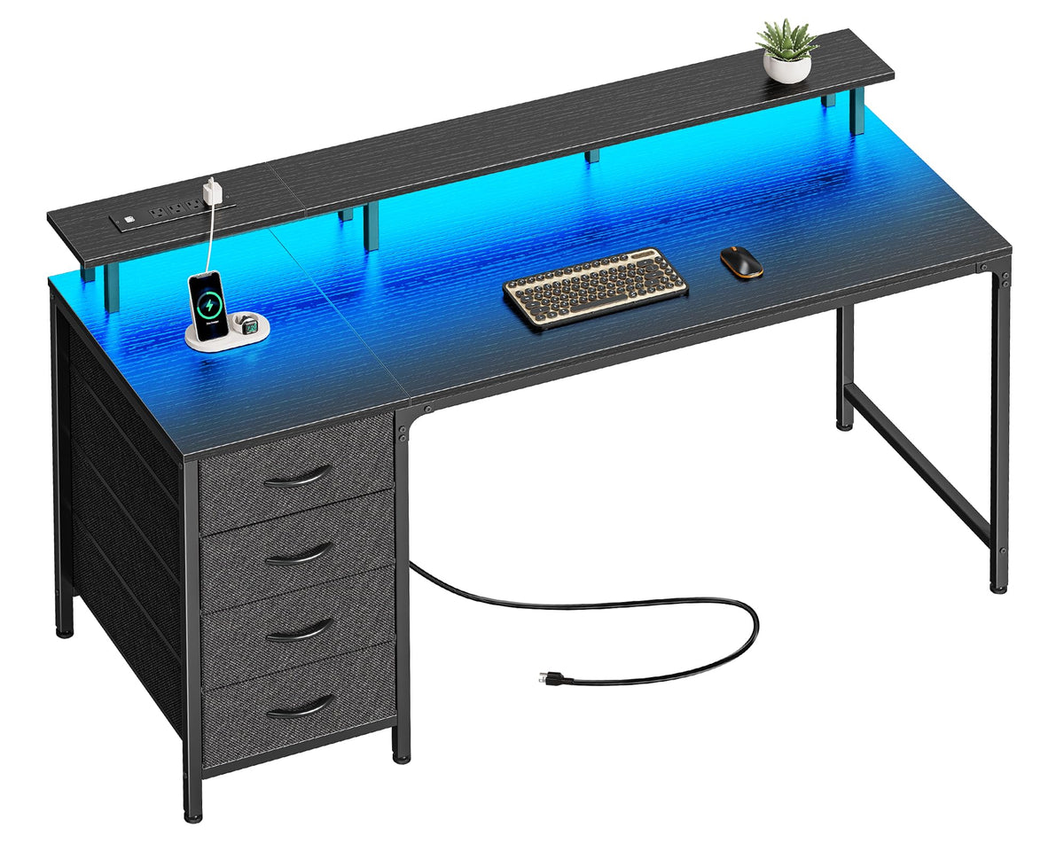 47 Inch Computer Desk with Power Outlets and LED Lights, Gaming Desk with 4 Drawers, Office Desk with Monitor Stand, Study Work Home Office, Small Spaces, Black