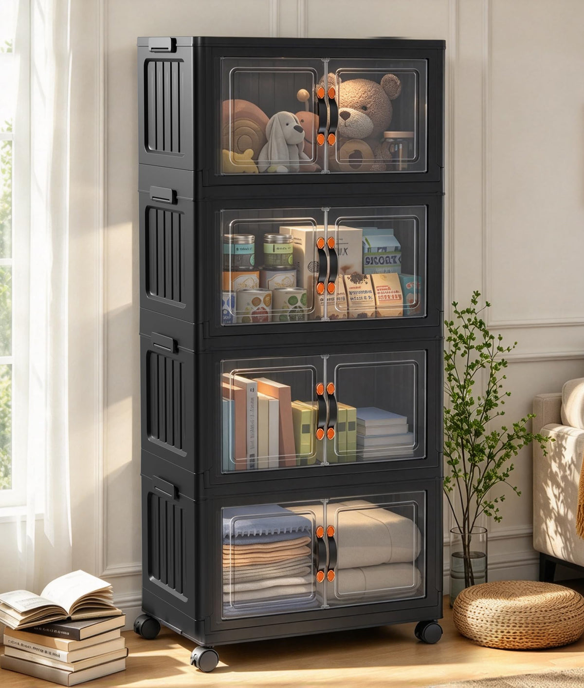 70 QT 5-Tier Stackable Storage Bins with Lids and Clear Doors, Black