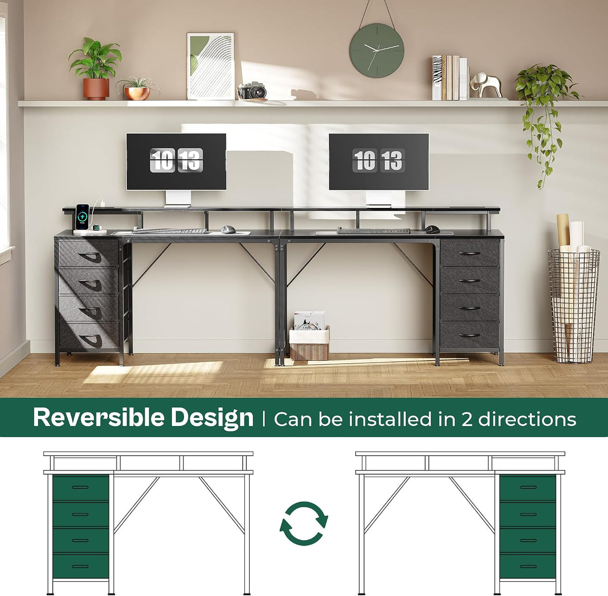47 Inch Computer Desk with Power Outlets and LED Lights, Gaming Desk with 4 Drawers, Office Desk with Monitor Stand, Study Work Home Office, Small Spaces, Black