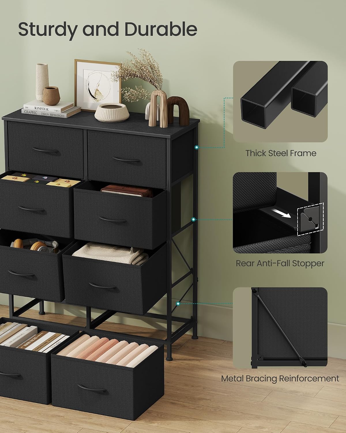 Dresser for Bedroom, Tall Dresser with 8 Fabric Drawers