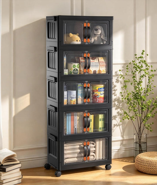 70 QT 5-Tier Stackable Storage Bins with Lids and Clear Doors, Black