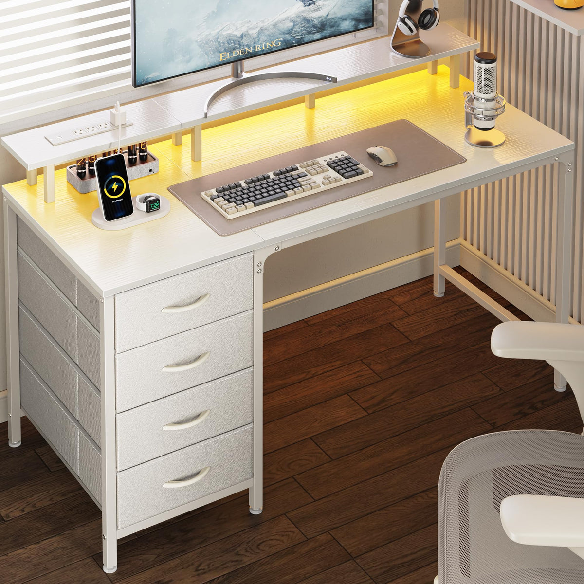 47 Inch Computer Desk with Power Outlets and LED Lights, Gaming Desk with 4 Drawers, Office Desk with Monitor Stand, Study Work Home Office, Small Spaces, Black