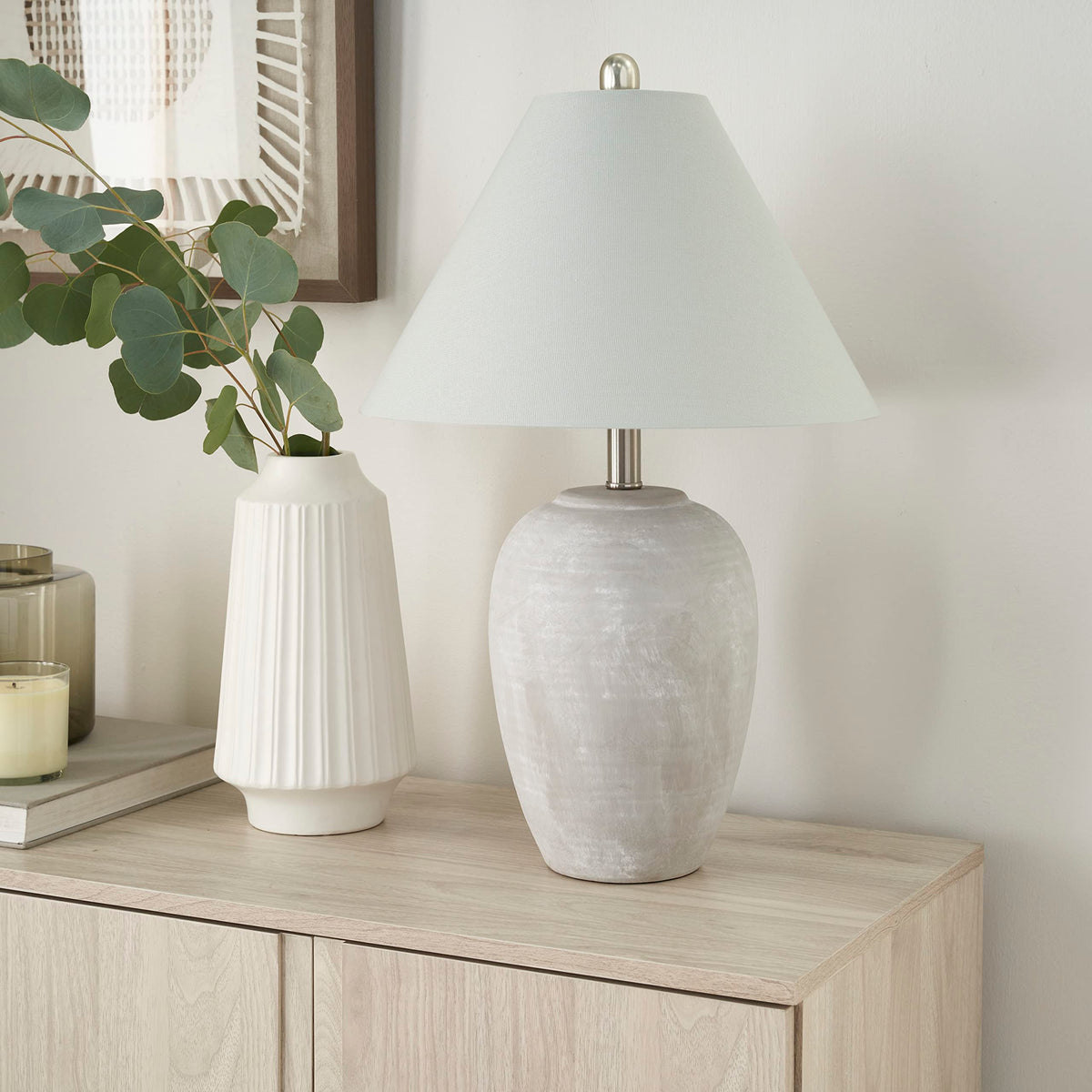 23" Greyish Brown Earth Tone Rustic Farmhouse Ceramic Table Lamp for Bedroom, Living Room, Dining, Office, with Beige Linen Shade
