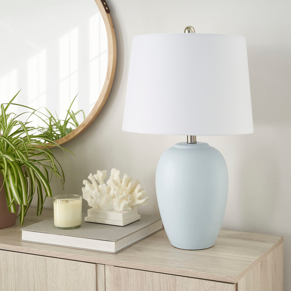 23" Greyish Brown Earth Tone Rustic Farmhouse Ceramic Table Lamp for Bedroom, Living Room, Dining, Office, with Beige Linen Shade