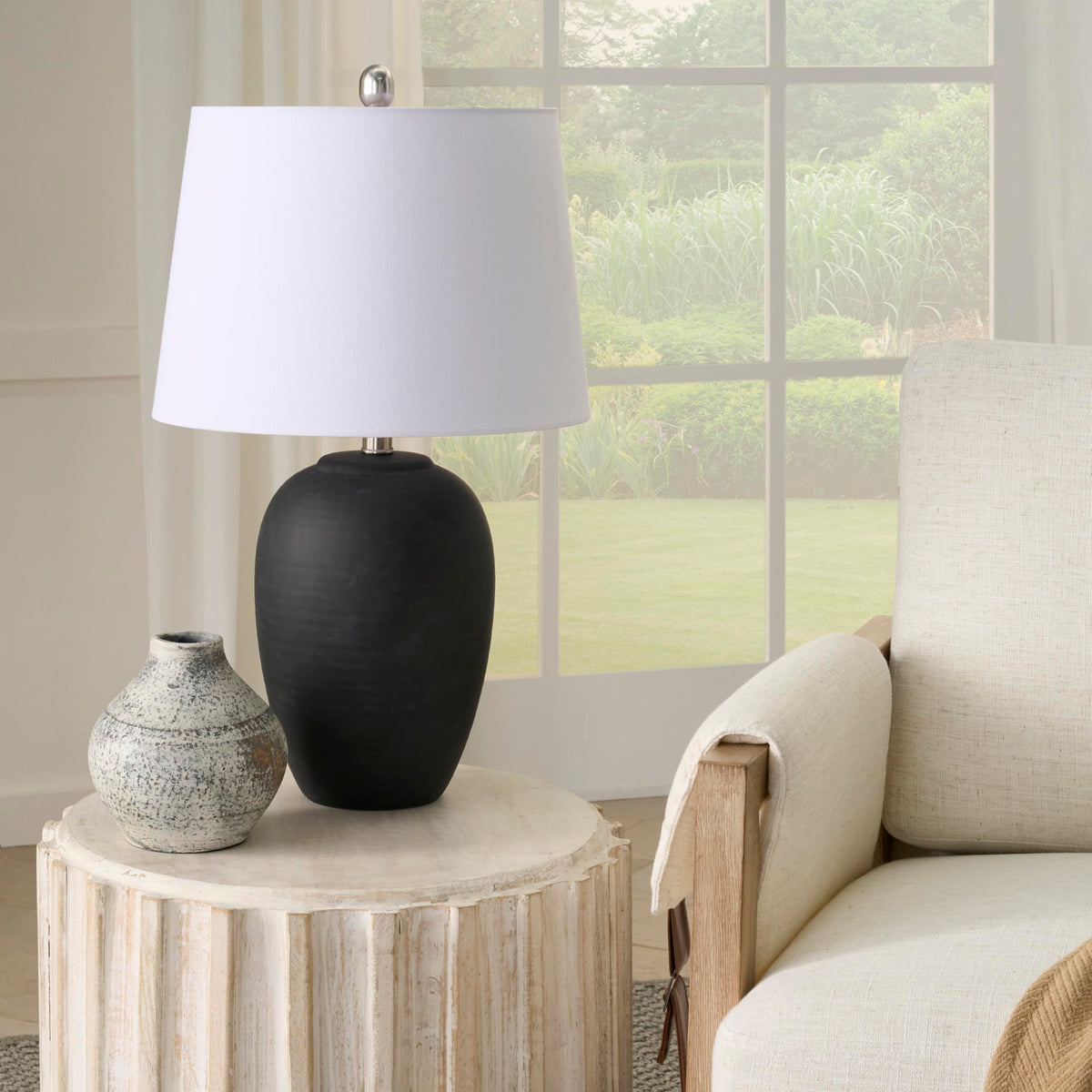 23" Greyish Brown Earth Tone Rustic Farmhouse Ceramic Table Lamp for Bedroom, Living Room, Dining, Office, with Beige Linen Shade