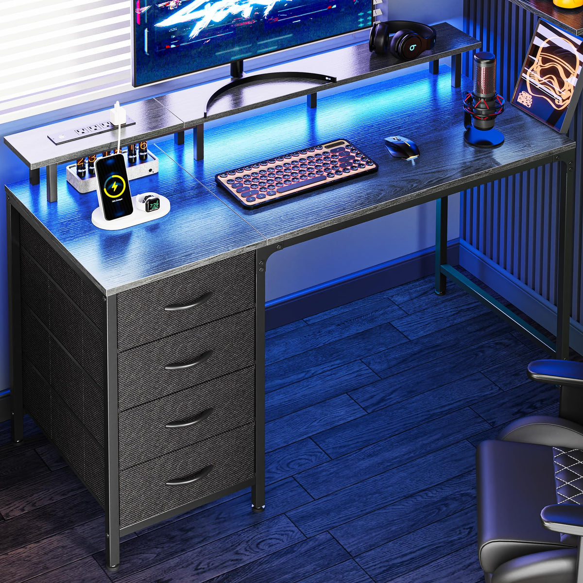 47 Inch Computer Desk with Power Outlets and LED Lights, Gaming Desk with 4 Drawers, Office Desk with Monitor Stand, Study Work Home Office, Small Spaces, Black