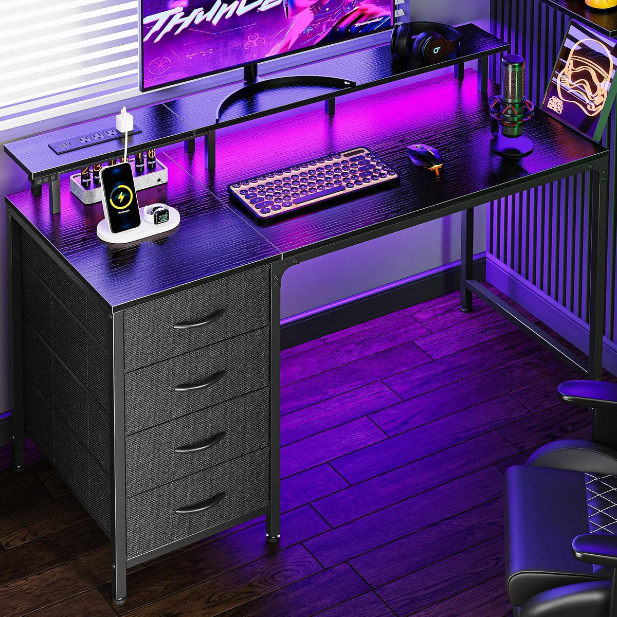 47 Inch Computer Desk with Power Outlets and LED Lights, Gaming Desk with 4 Drawers, Office Desk with Monitor Stand, Study Work Home Office, Small Spaces, Black