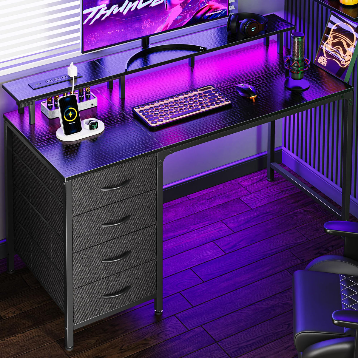 47 Inch Computer Desk with Power Outlets and LED Lights, Gaming Desk with 4 Drawers, Office Desk with Monitor Stand, Study Work Home Office, Small Spaces, Black
