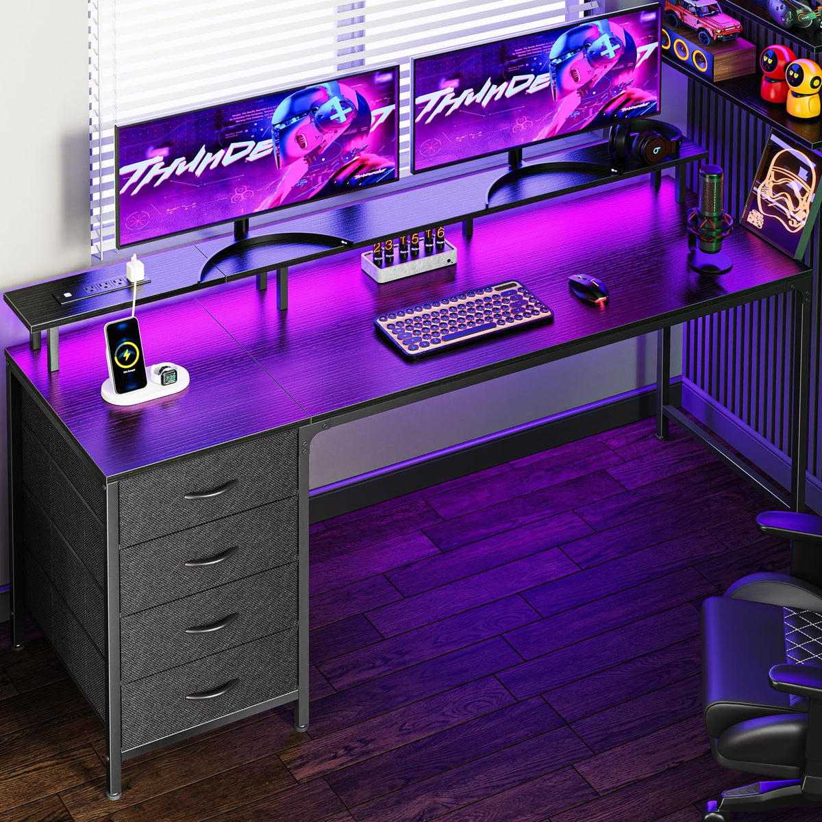 47 Inch Computer Desk with Power Outlets and LED Lights, Gaming Desk with 4 Drawers, Office Desk with Monitor Stand, Study Work Home Office, Small Spaces, Black