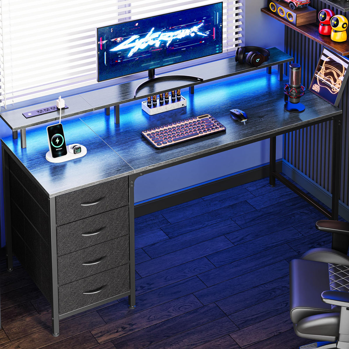 47 Inch Computer Desk with Power Outlets and LED Lights, Gaming Desk with 4 Drawers, Office Desk with Monitor Stand, Study Work Home Office, Small Spaces, Black